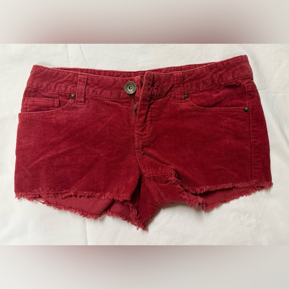 Wallflower Red Corduroy Frayed Hem Jean Shorts